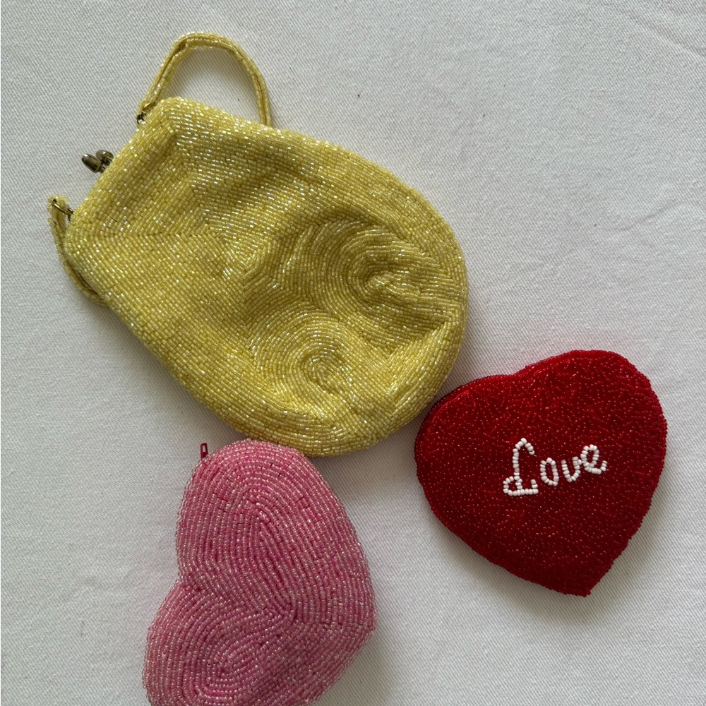 Heart beaded coin purses. Pink, red and yellow